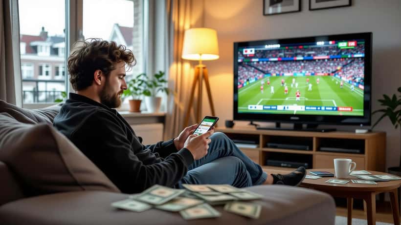 Man controleert sportweddenschappen app op smartphone terwijl voetbalwedstrijd op televisie speelt op de achtergrond