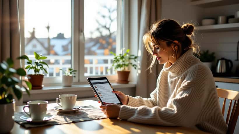 Nainen lukee digitaalista uutislehteä tabletilla, näytöllä evästesuostumus ja tietosuoja-asetukset keittiön pöydän ääressä.