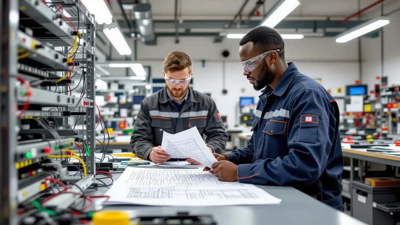 Gambischer Auszubildender in einer deutschen Elektro-Berufsschule studiert Schaltpläne mit einem deutschen Ausbilder