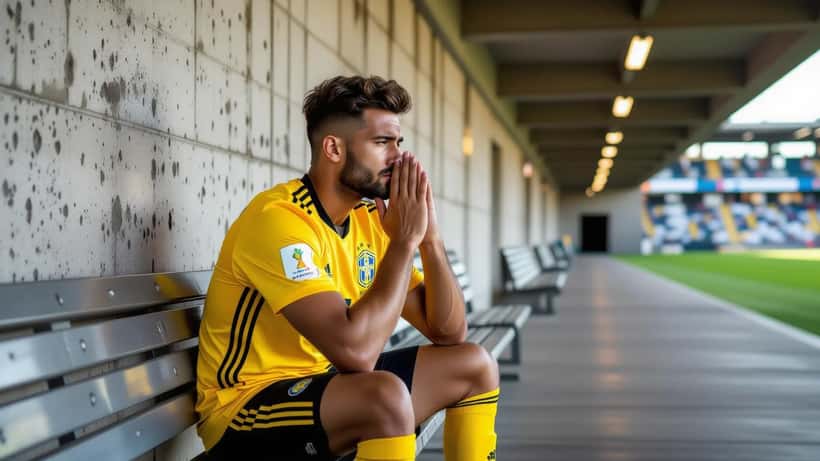 Latino footballer in yellow jersey sitting alone in a stadium tunnel, head in hands under fluorescent lights, depicting performance anxiety before a must-win World Cup match