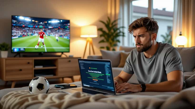 US soccer fan frustrated at laptop showing geo-block error while Barcelona match plays on TV behind him