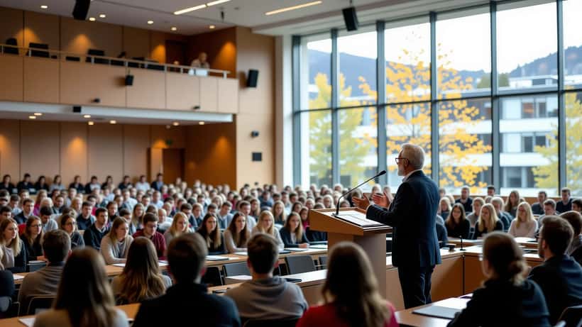 Professor holder foredrag i norsk universitetsaula under debatt om ytringsfrihet og ansattes rettigheter