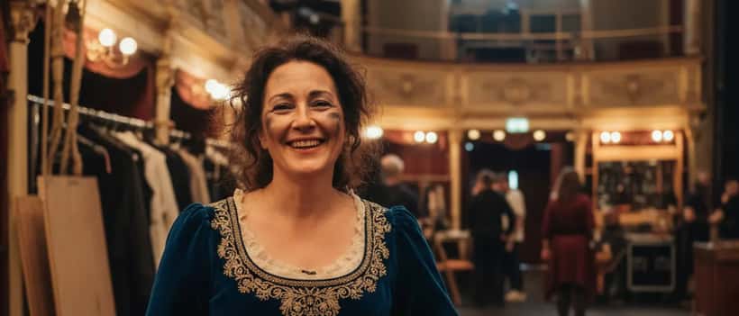 A British actress and comedian backstage after a performance, showing the human side of entertainment and mental health