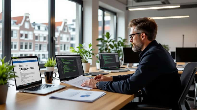 IT-consultant beoordeelt EU AI Act-naleving op laptop in Amsterdam kantoor