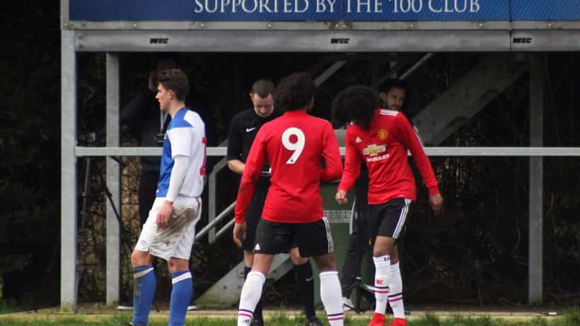 Tahith Chong as a Manchester United youth player alongside teammates George Wilson and D'Mani Bughail-Mellor