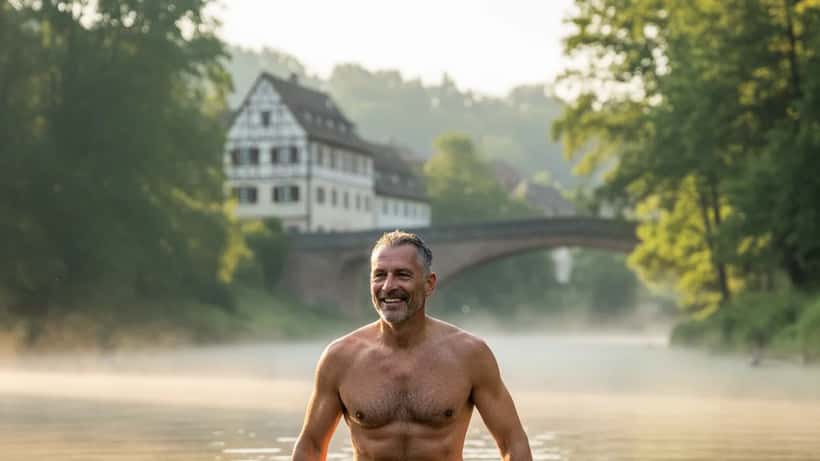 Fit aussehender Mann beim morgendlichen Freiluft-Schwimmen im Fluss, Nebel über dem Wasser, Stuttgart