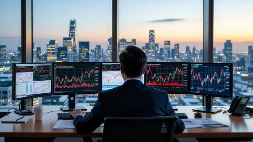 British financial adviser reviewing South Korean KOSPI market charts showing sharp decline following Seoul-Kyiv diplomatic row