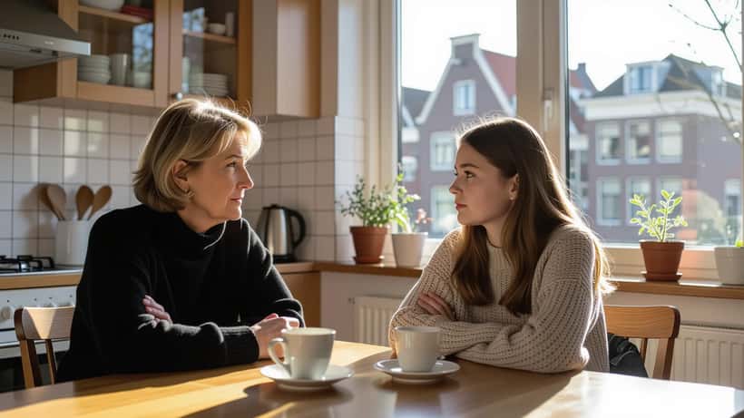 Bezorgde moeder in gesprek met haar teruggetrokken dochter aan de keukentafel, mentale gezondheid tieners