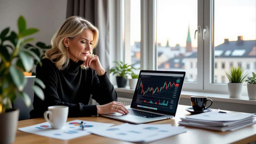 Finansiell rådgivare analyserar portfölj med dollarexponering på kontor i Stockholm