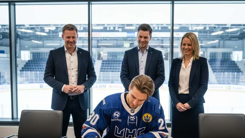 Svensk ishockeyspelare i LHC-jersey signerar femårigt kontrakt i Linköpings arena med advokat och klubbledning