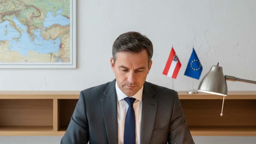 Österreichischer Anwalt prüft grenzüberschreitende Rechtsdokumente in Wiener Kanzlei mit EU-Flagge im Hintergrund
