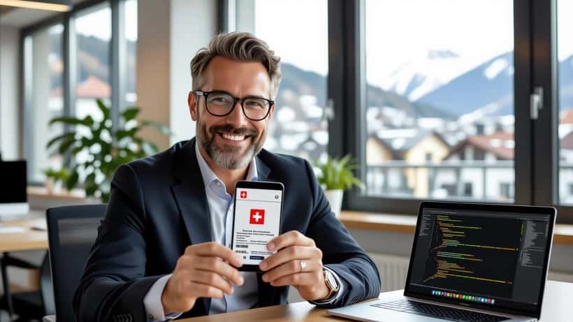 Professionnel IT tenant un smartphone avec identité numérique suisse dans un bureau à Berne