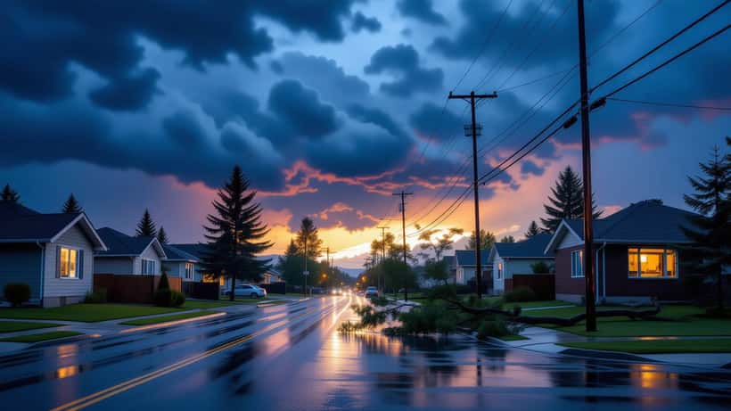 Suburban Edmonton street during a summer storm with downed tree branch and warm home lights