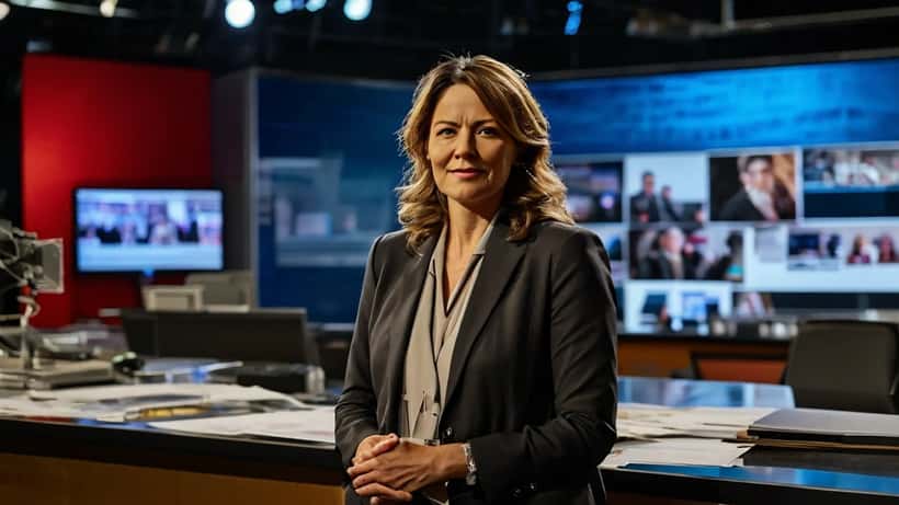 Leerer Moderationsplatz in einem TV-Studio mit Aufnahmegeräten im Hintergrund