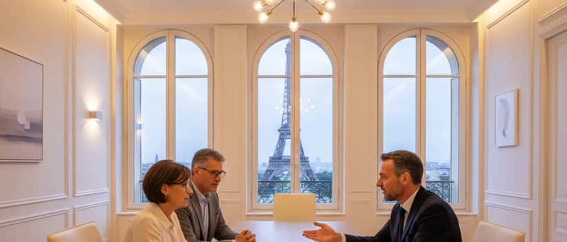 Conseiller en gestion de patrimoine français présentant des graphiques financiers à un couple dans un bureau parisien