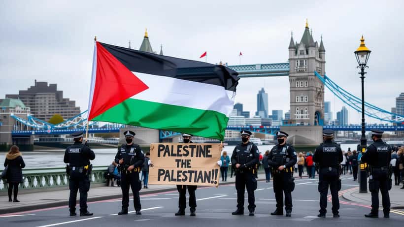 Protesters holding a large Palestinian flag on a London bridge as police officers look on