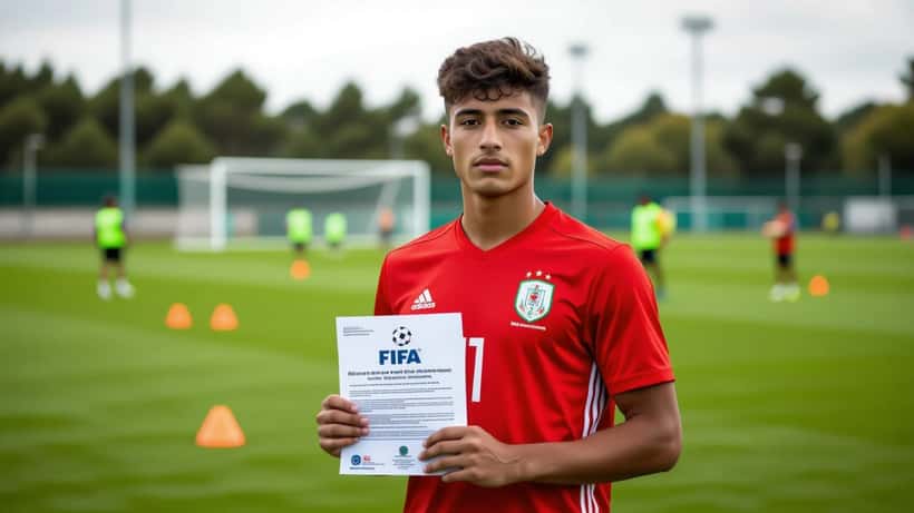 Joueur de football en maillot marocain tenant un document FIFA officiel sur un terrain d'entraînement