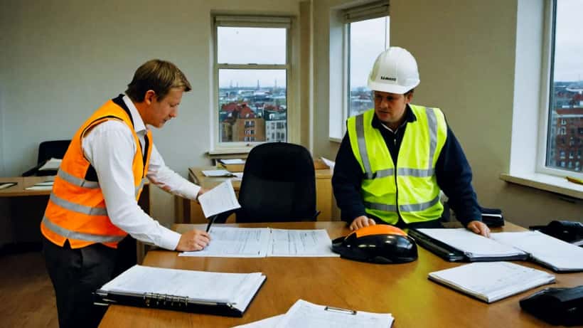 Dansk advokat gennemgår dokumenter om arbejdsulykke med klient i kontormiljø