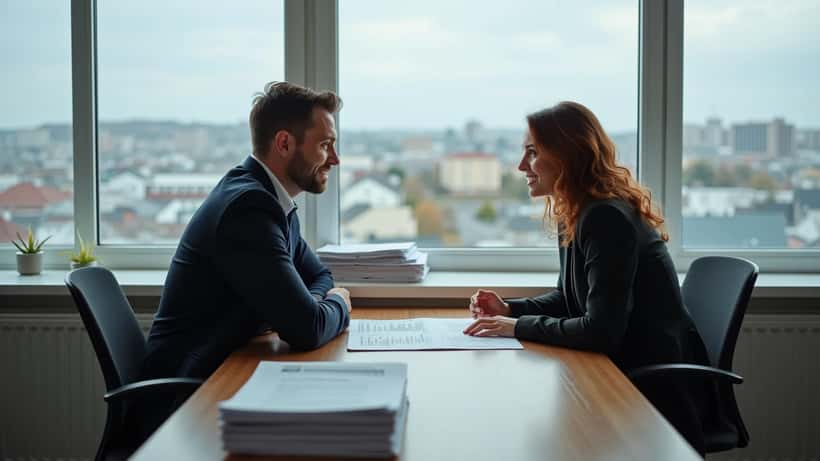 Fjármálaráðgjafi og leigjandi fara yfir leigusamning í Reykjavík