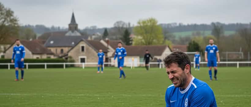 Footballeur amateur français assis au bord du terrain tenant son ischio-jambier blessé