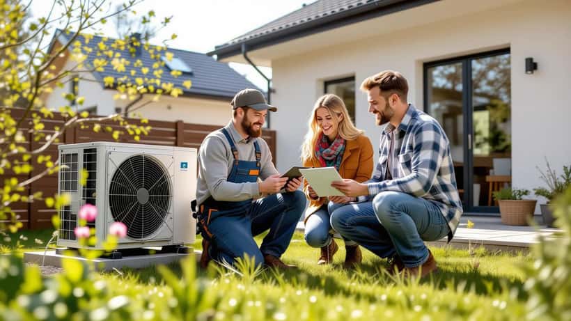 Handwerker erklärt Hausbesitzern die KfW-Wärmepumpen-Förderung 2026 am Garten-Heizungsmodul