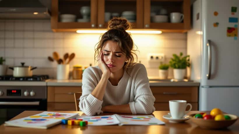 Mãe exausta sentada à mesa com a cabeça nas mãos, materiais de terapia infantil ao redor, cozinha à noite