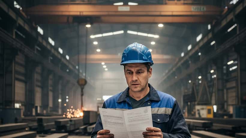 Österreichischer Stahlarbeiter liest Kündigungsschreiben in einem Industriewerk in der Steiermark