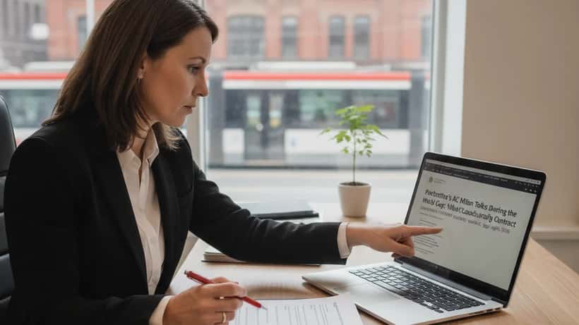 Employment lawyer reviewing a sports coaching contract at a desk