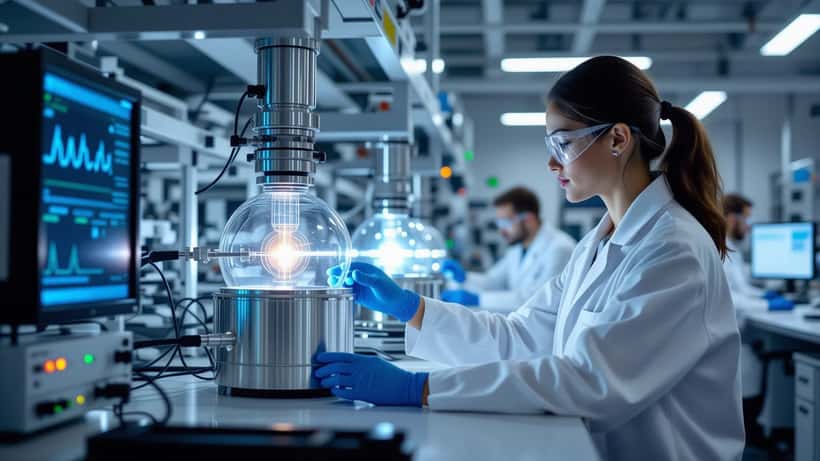 Scientist examining a quantum dark matter detector in a UK physics laboratory