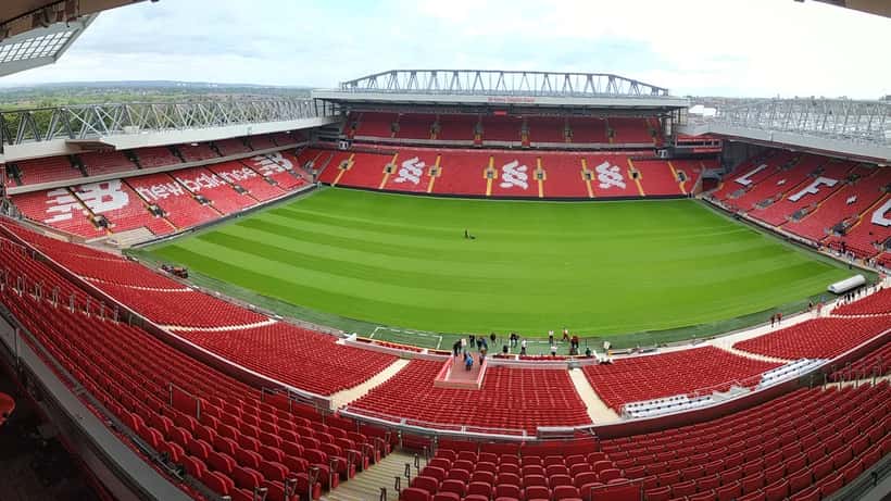 Anfield Stadium panorama view from the main stand, Liverpool