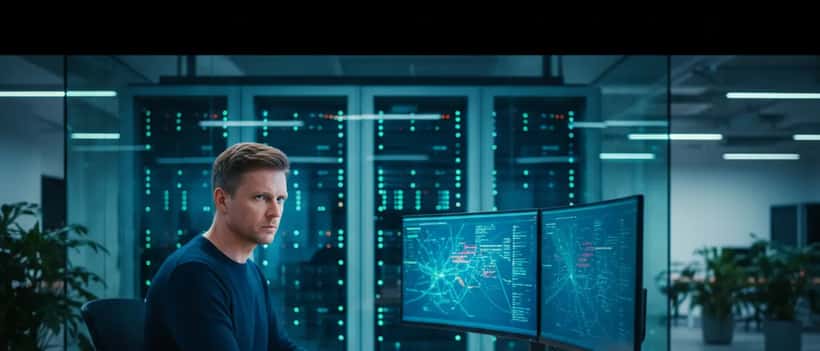 Suomalainen IT-turvallisuuskonsultti analysoi kyberuhkia Helsingin toimistossa