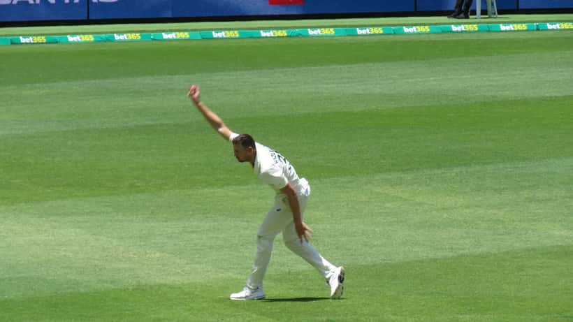 Josh Hazlewood bowling at Perth Stadium, Australia versus West Indies Test cricket