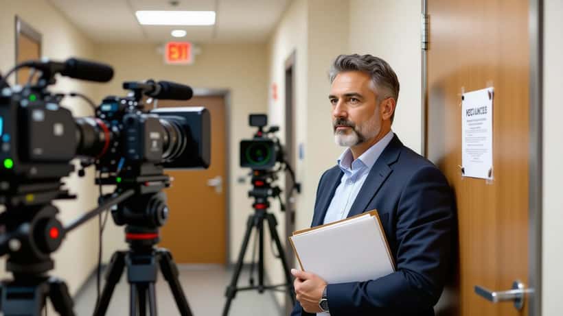 Professionista italiano in corridoio televisivo che guarda una porta chiusa, studio TV Roma 2026