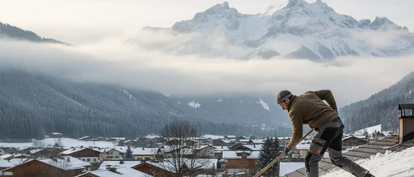 Österreichischer Hausbesitzer räumt nassen Frühjahrsschnee vom Hausdach mit einer Schneeschaufel