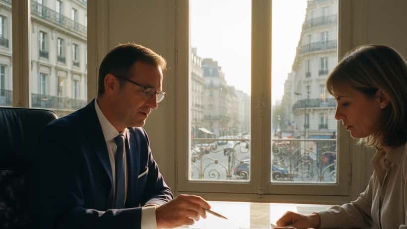 Conseiller en gestion de patrimoine présentant des alternatives d'investissement à un client dans un bureau parisien