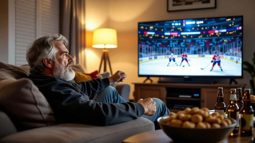 Canadian hockey fan watching NHL playoff game with visible stress and excitement at home