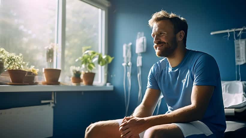 Dansk badmintonspiller sidder på behandlingsbord med smerter i ryggen på et sportsmedicinsk klinik