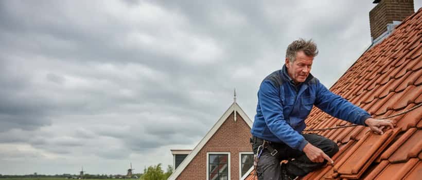 Nederlandse vakman controleert dakpannen op een huis bij stormachtig weer