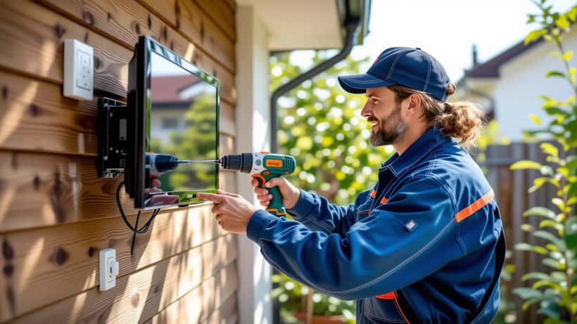 Handwerker montiert Outdoor-TV-Halterung auf Holzterrasse für WM-Viertelfinale-Viewing-Party