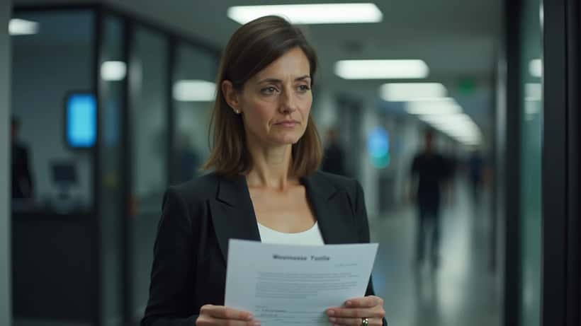Donna professionale che esamina una lettera di licenziamento in un ufficio televisivo a Roma