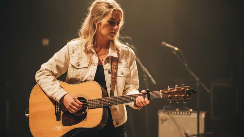 Ung countrymusiker med gitarr backstage på konsertscen i Stockholm i gyllene scenljus