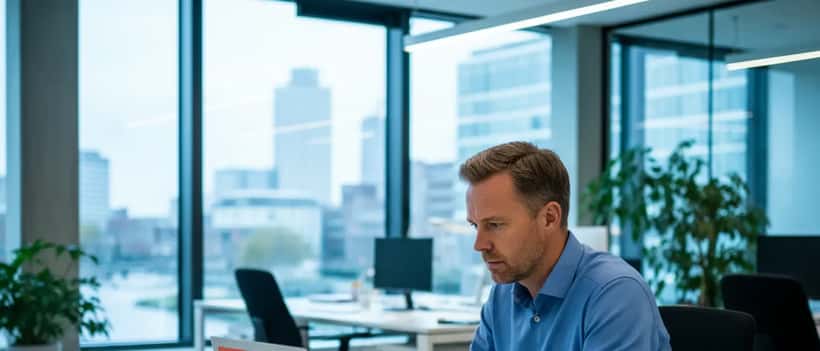 Nederlandse ondernemer kijkt bezorgd naar laptopscherm met systeemfout in een modern kantoor