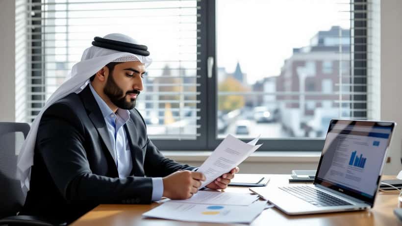 Syrische man bestudeert verblijfsdocumenten en arbeidscontract op bureau in Den Haag