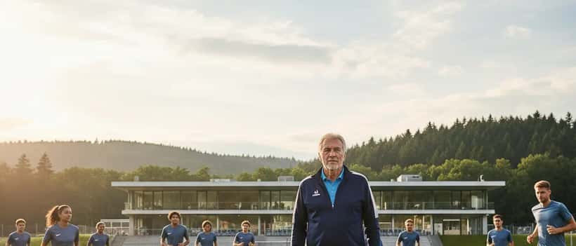 Älterer Fußballtrainer leitet das Training auf einem Fußballplatz