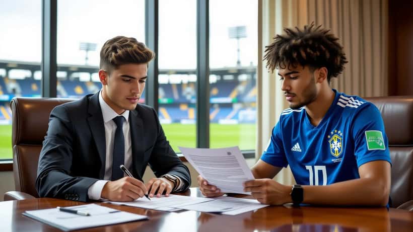 Jovem jogador brasileiro em reunião com advogado revisando contrato de transferência internacional de futebol