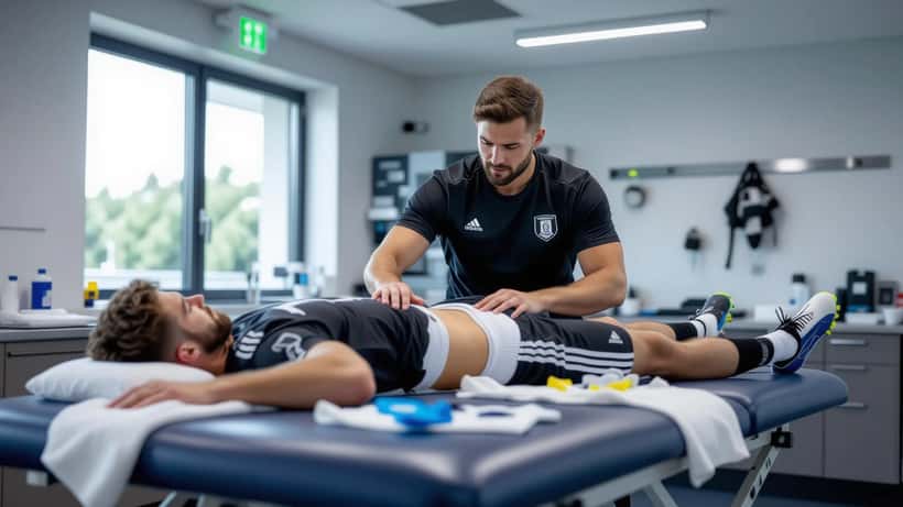 Kinésithérapeute examinant l'arrière de la cuisse d'un jeune footballeur dans un vestiaire de club