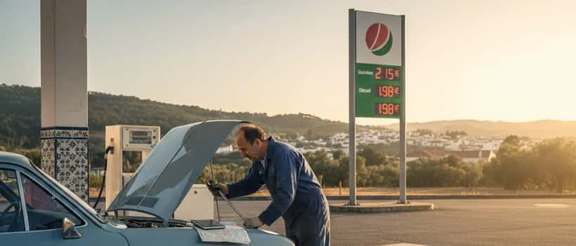 Mecânico português verifica motor de carro com preços de combustível altos visíveis ao fundo