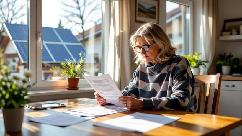 Österreichischer Hausbesitzer liest einen Ablehnungsbescheid für eine Photovoltaik-Förderung am Küchentisch