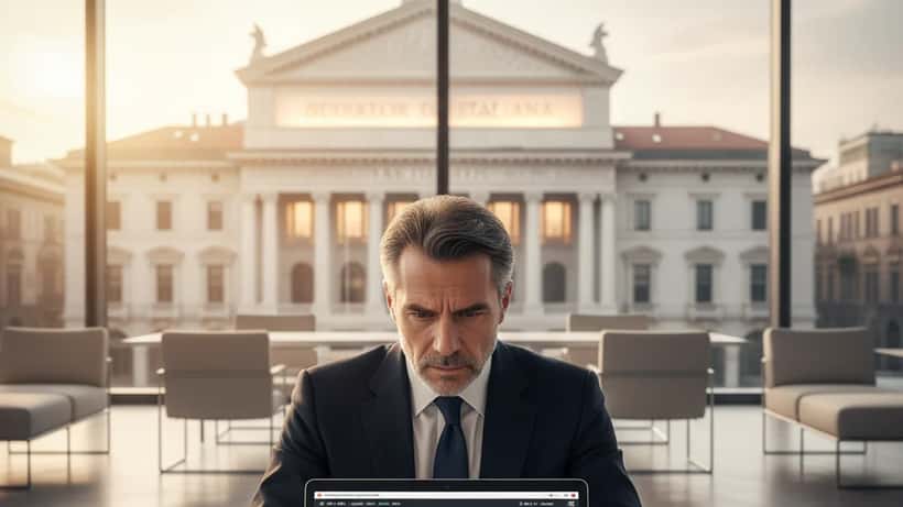 Consulente finanziario italiano che analizza grafici di Borsa Italiana aprile 2026, ufficio Milano