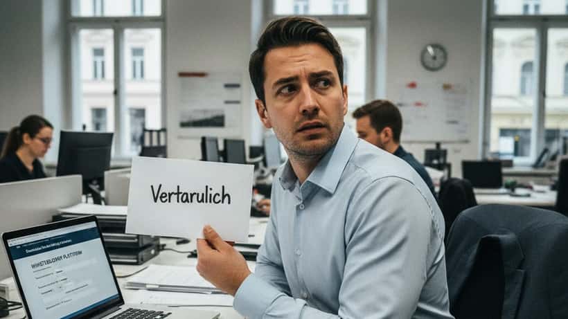 Büroangestellter in Wien hält vertraulichen Umschlag mit Rechtsdokumenten auf dem Schreibtisch